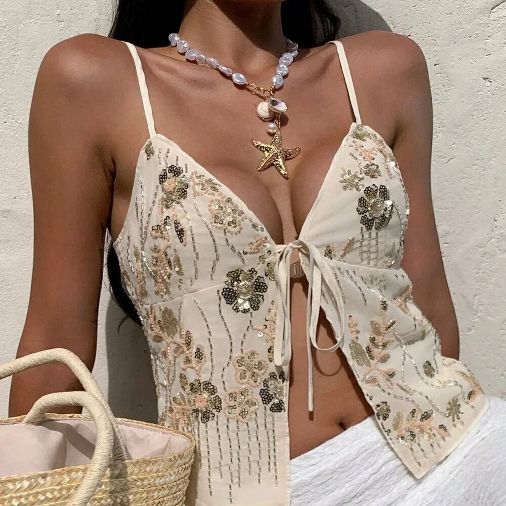 Multicolor Boho Women's Sequin Embroidered Camisole Tank Top - Picture 5 of 10
